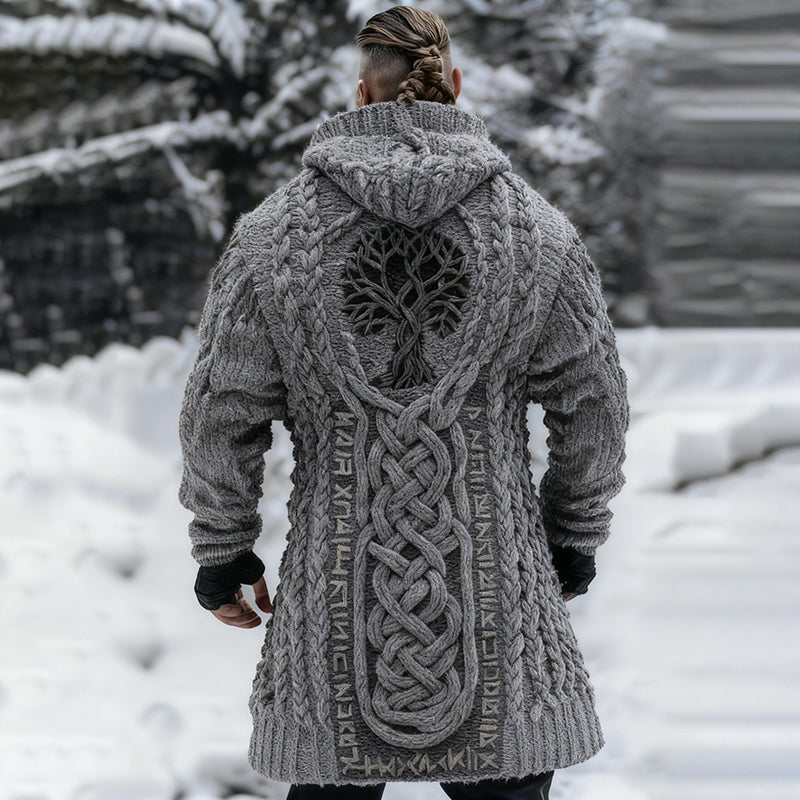 Men's Viking Tribal Jacquard Celtic With Tree Of Life Inspired Chunky Knit Zipped Hooded Sweater artswardrobe