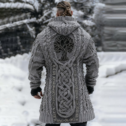 Men's Viking Tribal Jacquard Celtic With Tree Of Life Inspired Chunky Knit Zipped Hooded Sweater artswardrobe