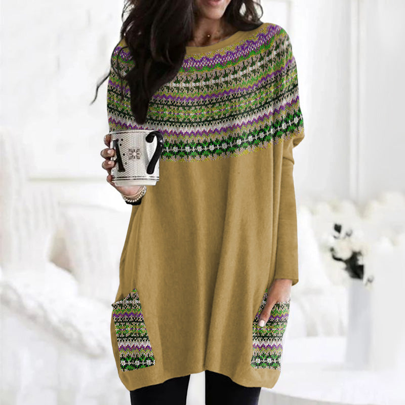 Vintage Icelandic Tribal Graphic Knit Warm Crew Neck Midi Sweater Dress elevenforest