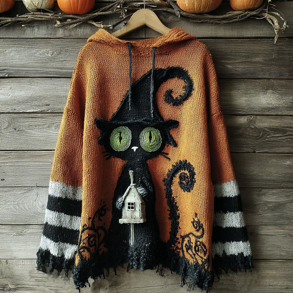 Women's Halloween Black Cat Striped Knitted Hooded Sweater artswardrobe