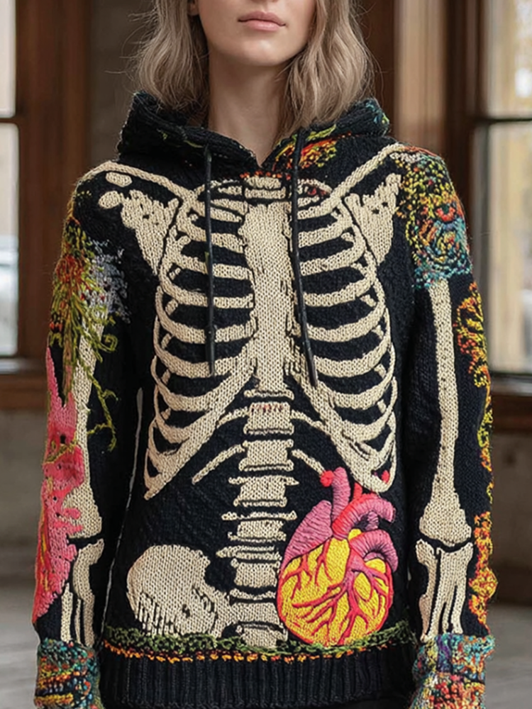 Halloween Skeleton Bone Pattern Design Women's Knit Hooded Sweater artswardrobe