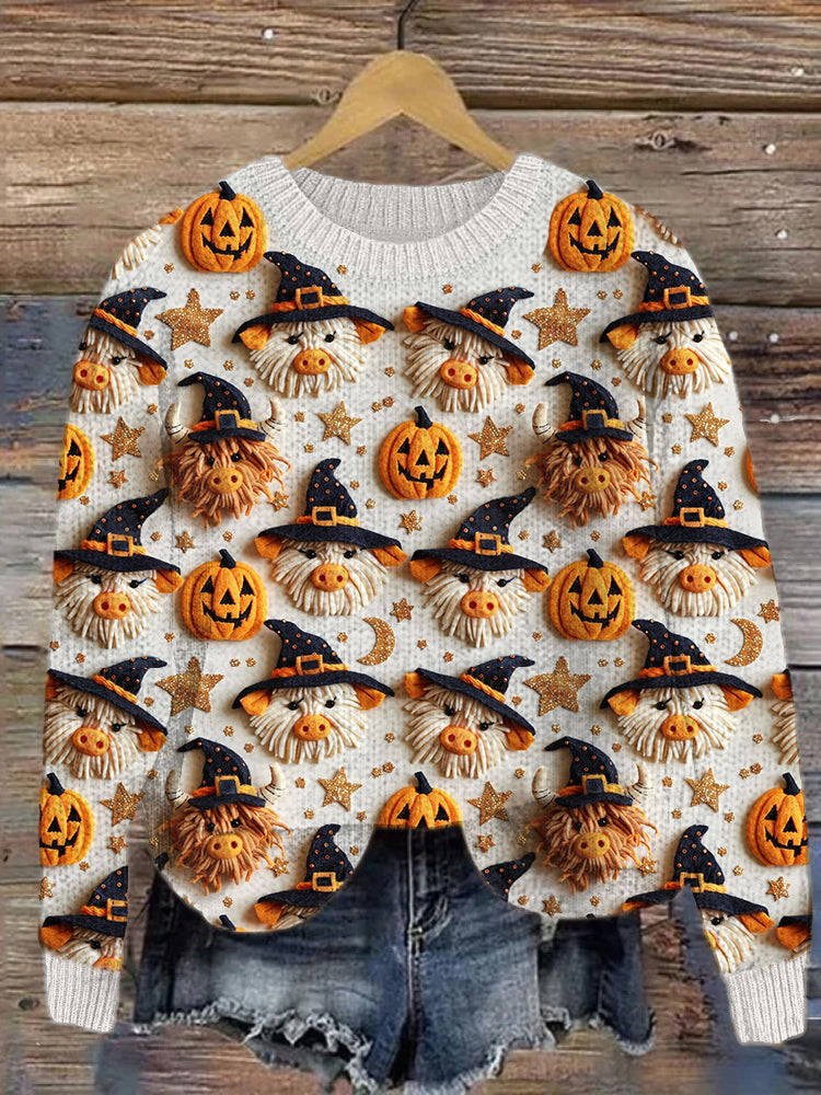 Halloween Highland Cow Pumpkin Pattern Knit Sweater artswardrobe