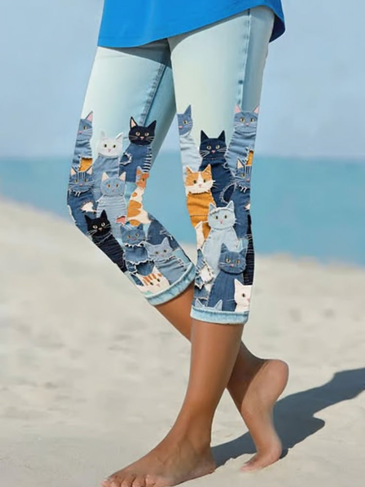 Comstylish Women's Animal Cat Printed Capri Pants