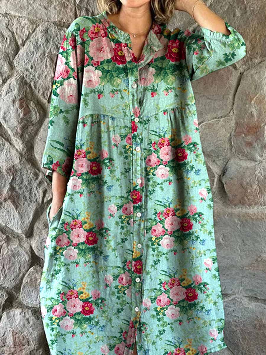 Women's Elegant Pastoral Floral Cotton and Linen Dress