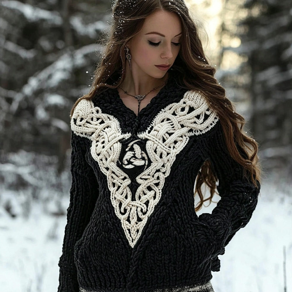 Women's Viking Rune Knit Jacquard Warm V-neck Sweater elevenforest