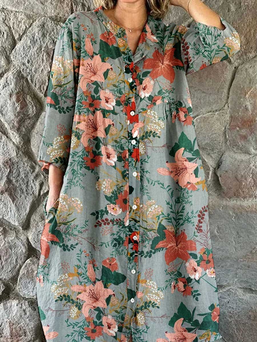 Women's Elegant Floral Pattern Shirt Style Cotton and Linen Dress