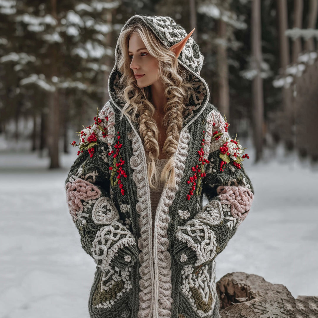 Women's Celtic Knot Christmas Flower Jacquard Chunky Hooded Sweater Cardigan artswardrobe