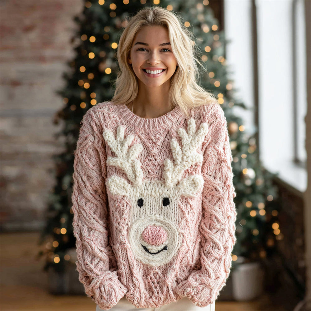 Christmas Cute Moose Face Knit Art Women's Crew Neck Sweater artswardrobe
