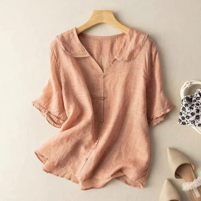 Women's Casual Lapel Linen Solid Shirt artswardrobe
