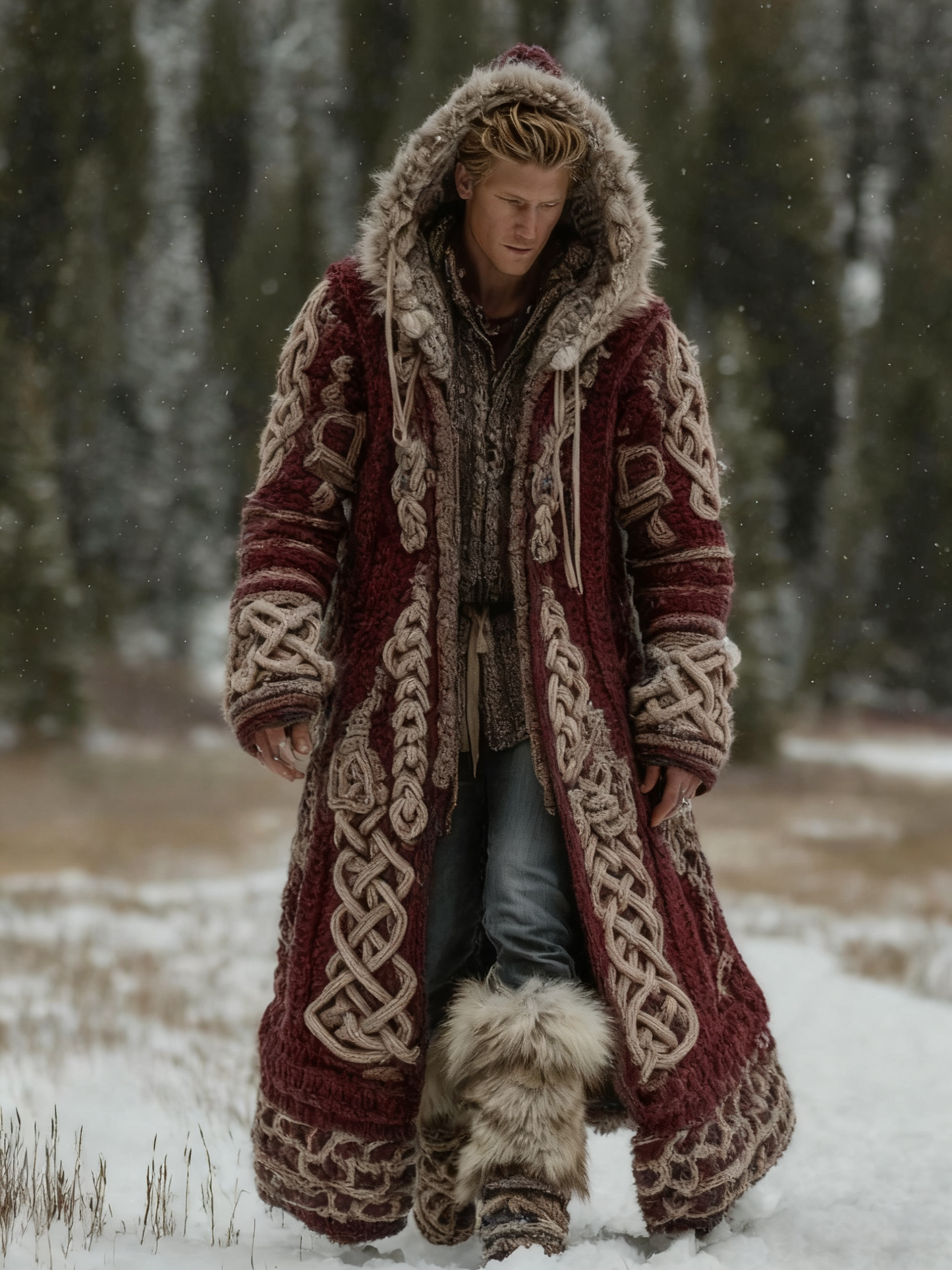 Men's Viking Celtic Knot Art Pocket Mid-length Fur Collar Chunky Knit Cardigan Sweater artswardrobe