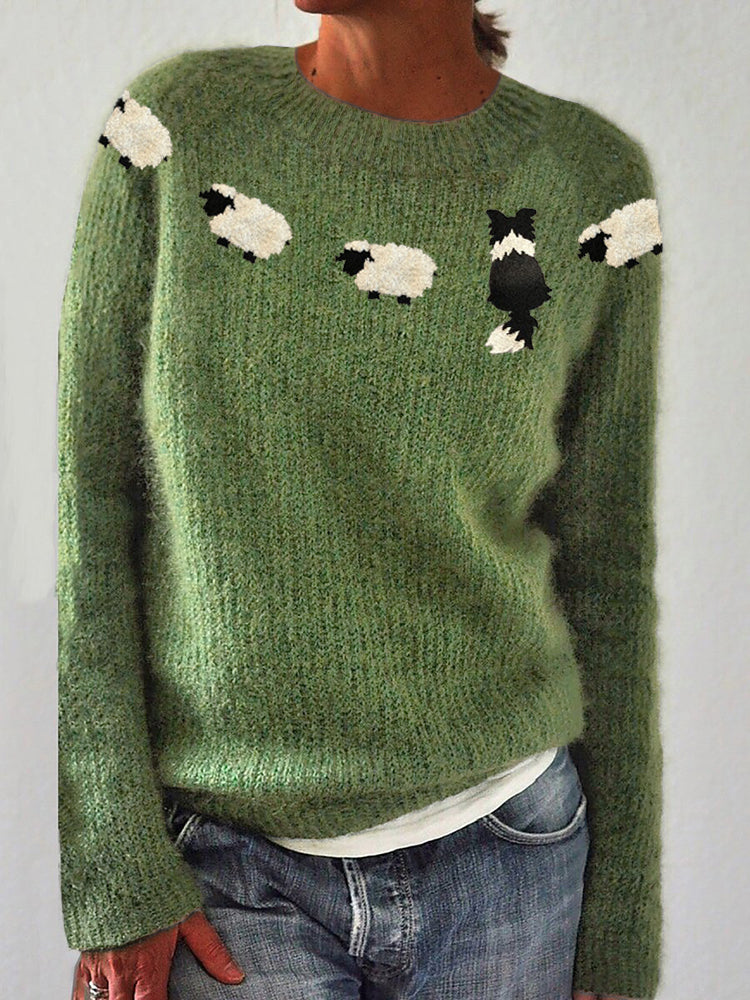 Comstylish Border Collie & Sheep Yoke Embroidered Cozy Knit Sweater