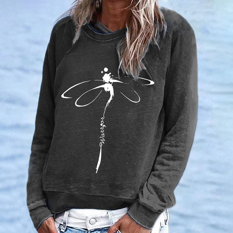 Comstylish Casual Long Sleeve Dragonfly Printed Sweatshirt