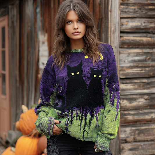 Halloween Black Cat Art Women's Knitted Sweater artswardrobe