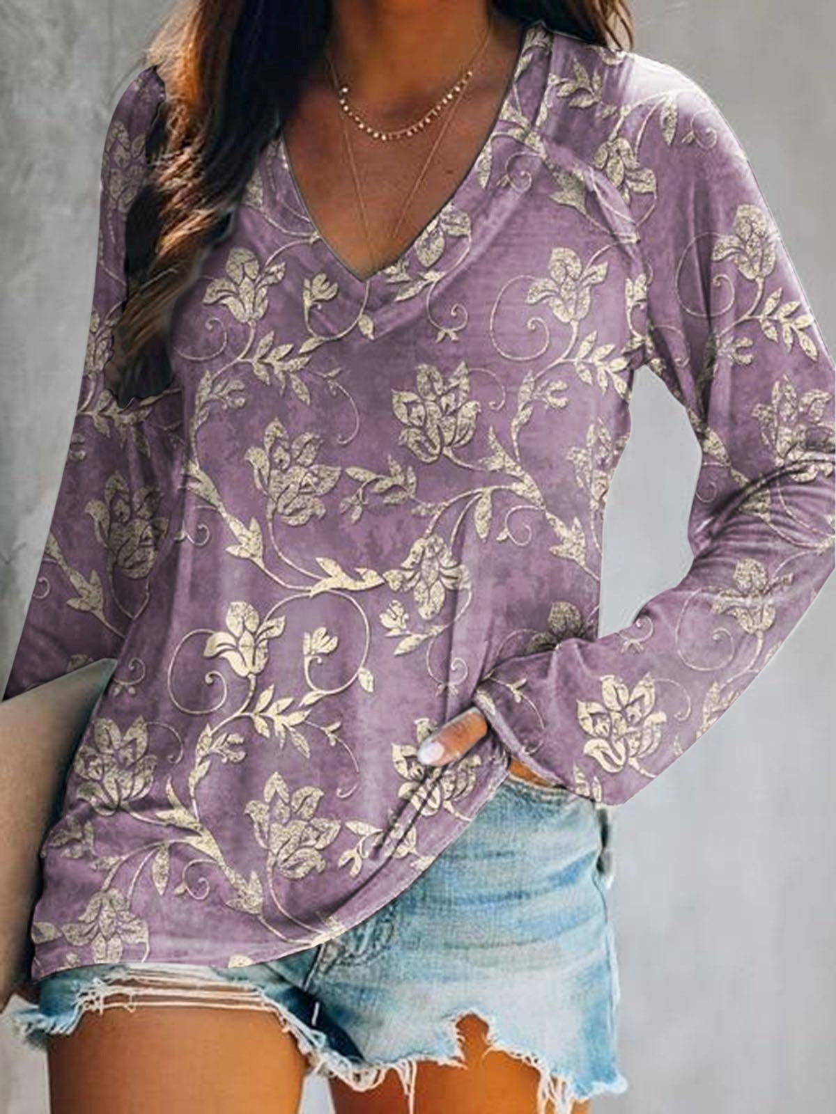 Women's Folk Floral Art Print Casual V-Neck Long Sleeve T-Shirt