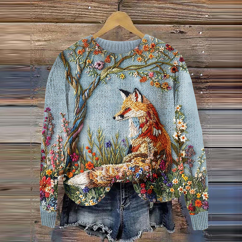 Vintage Fox Floral Art Crew Neck Cozy Sweater artswardrobe