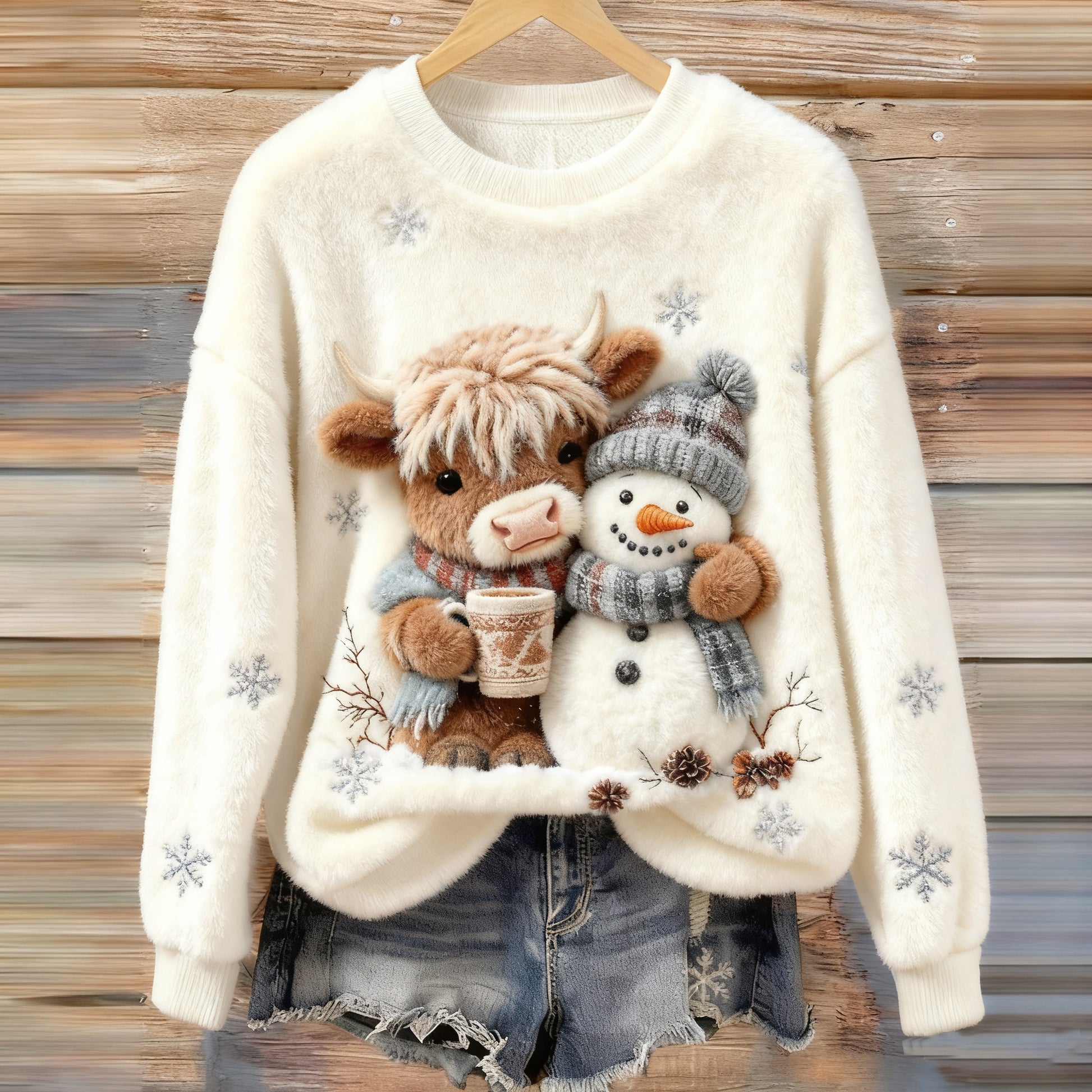 Lazy Highland Cow And Snowman Art Plush Pattern Christmas Sweater artswardrobe