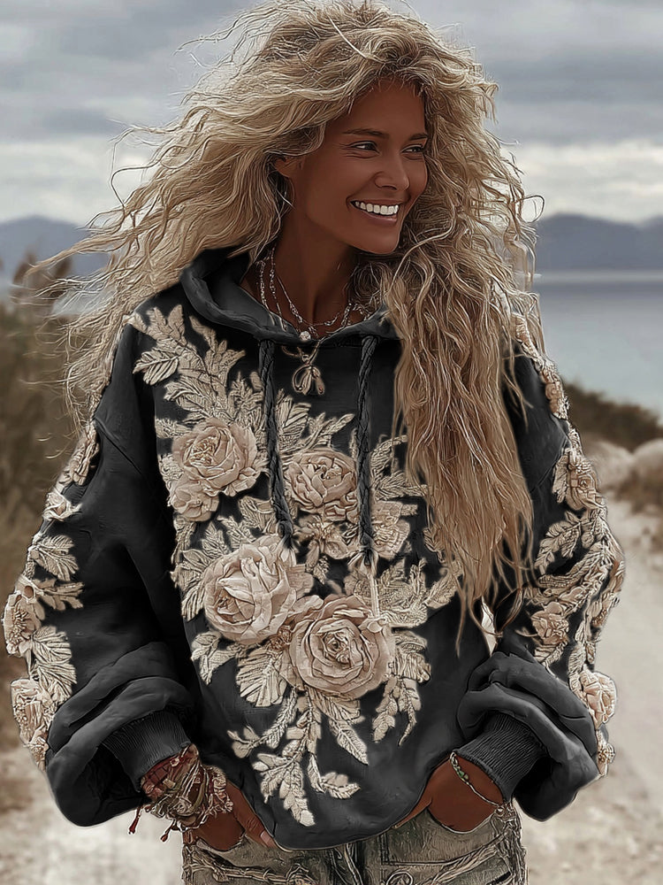 Comstylish Women's Classic Romantic White Rose Embroidery Art Comfy Hoodie