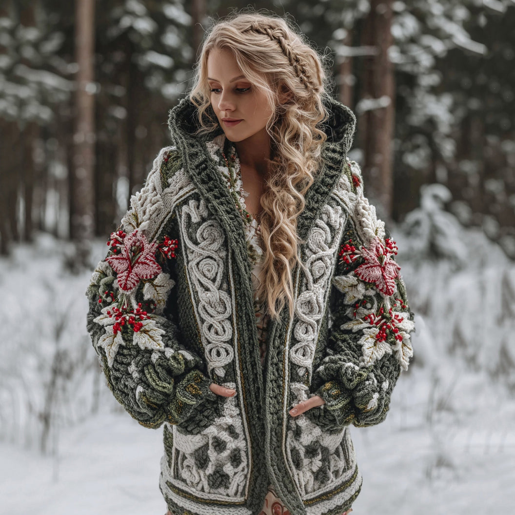 Women's Celtic Knot Christmas Flower Jacquard Button Chunky Hooded Sweater artswardrobe