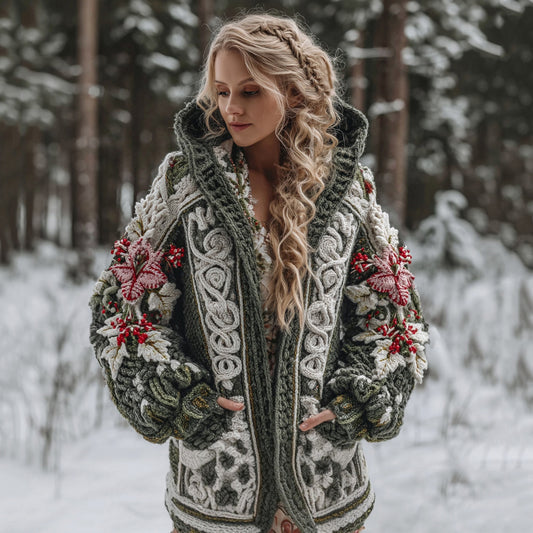 Women's Celtic Knot Christmas Flower Jacquard Button Chunky Hooded Sweater artswardrobe