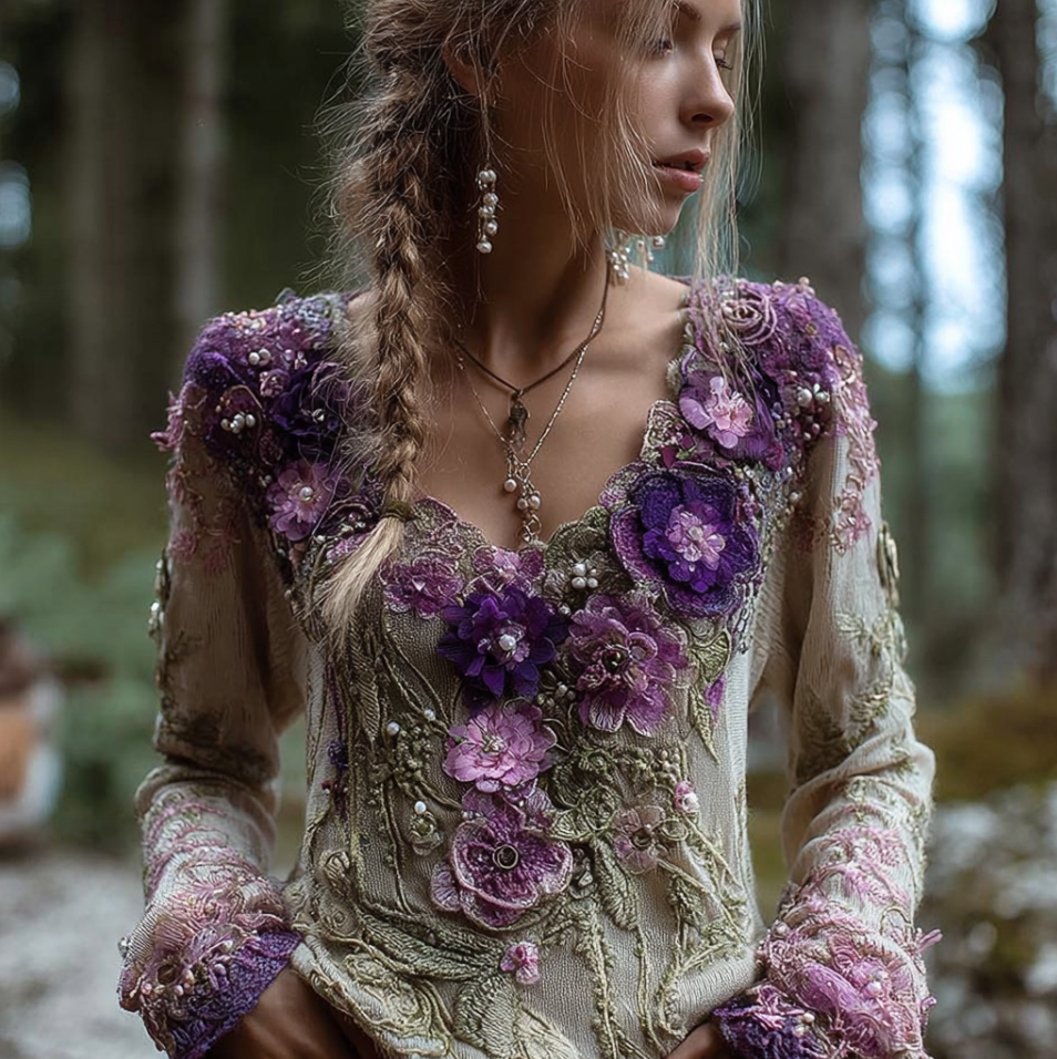 Bohemian Style Round Neck Long Sleeve 3d Purple Flower Design Women's Sweater elevenforest