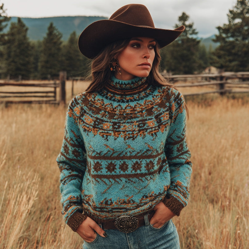 Women's Western Geometric Art Print Knit Turtleneck Sweater elevenforest