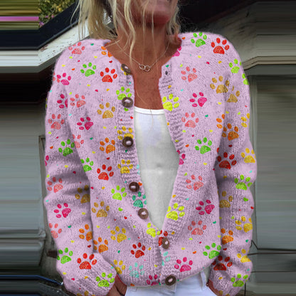 Comstylish Dog Paw Print Long Sleeve Casual Knitted Cardigan