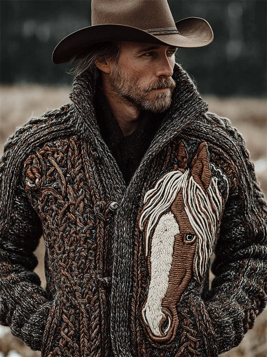 Men's Western Horse Celtic Cozy Chunky Cardigan artswardrobe