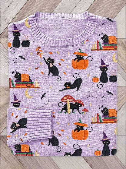 Halloween Black Cat Pumpkin Embroidery Pattern Sweater artswardrobe