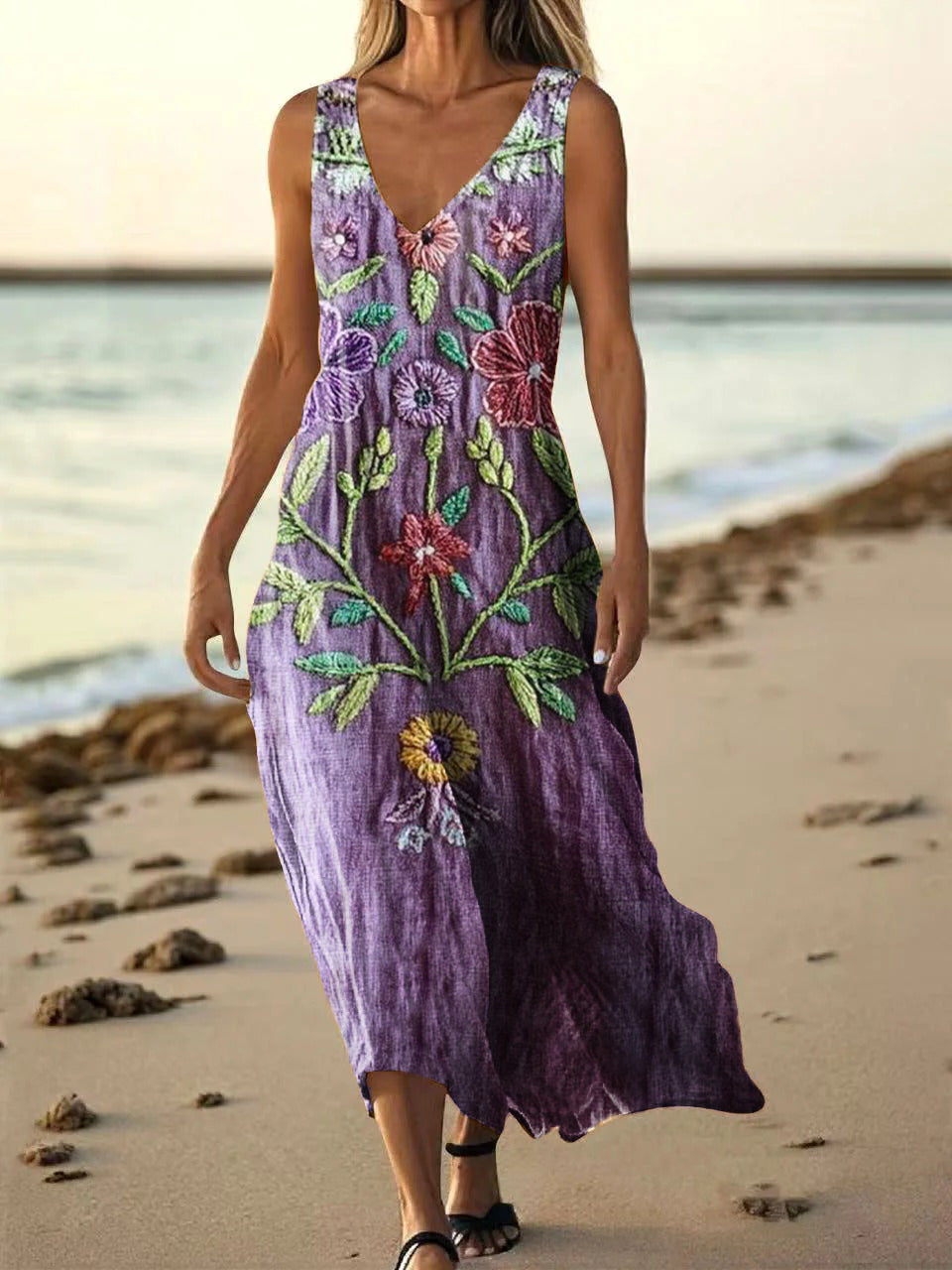 Women's Vintage Ethnic Floral Art Print Pocket Cotton Dress