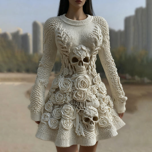 Women's Halloween Skull With Rose Art Cozy Knit Sweater Dress artswardrobe