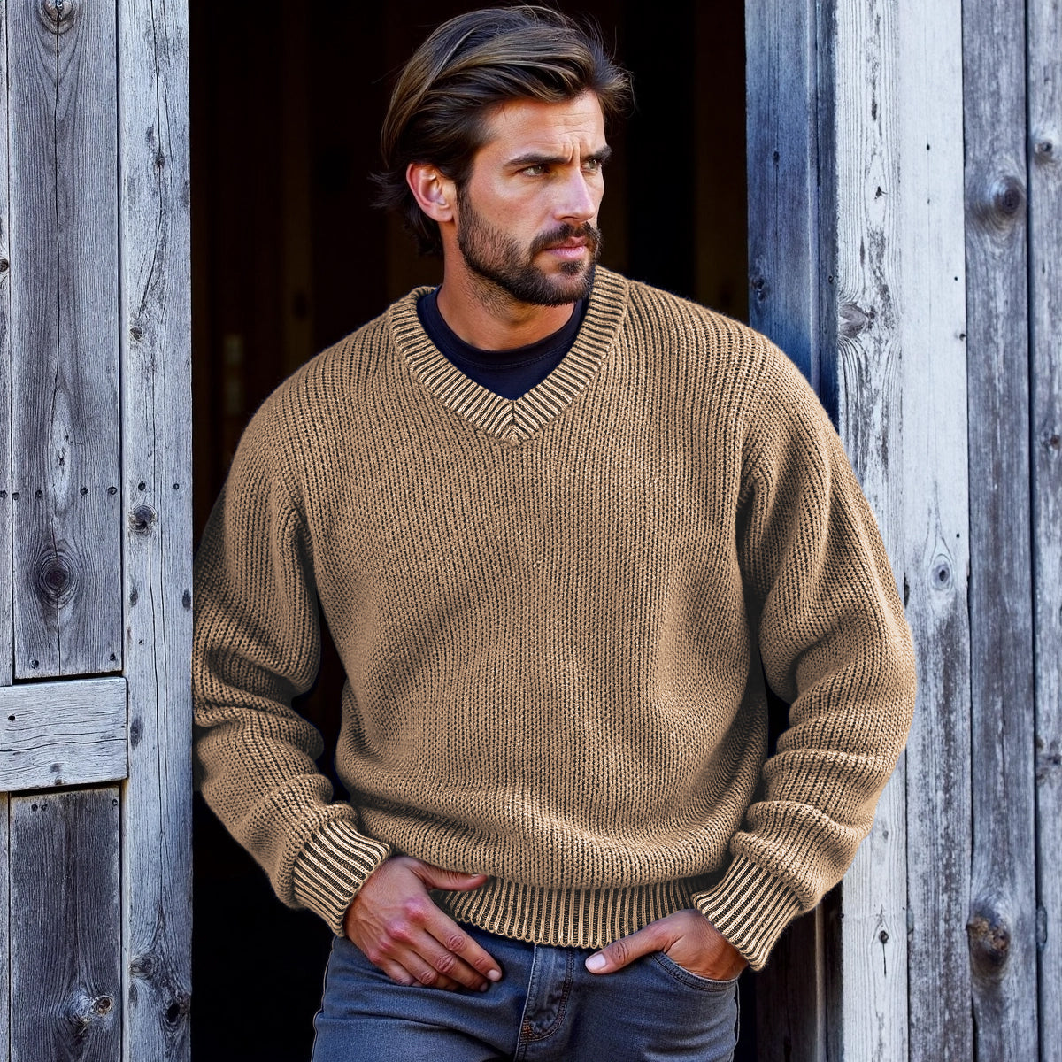 Men's Retro Solid Color V-Neck Sweater artswardrobe