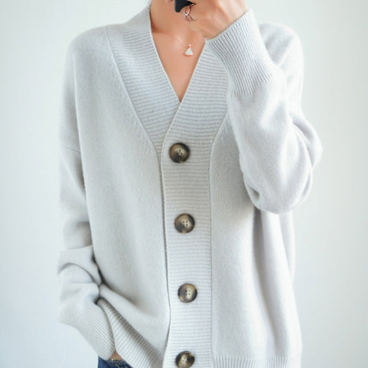 Vintage Loose Solid Color V Neck Buttoned Sweater Cardigan elevenforest