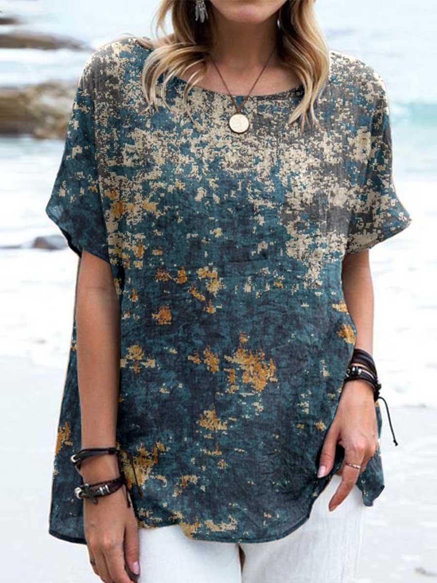 Women's Retro Floral Cotton and Linen Crew Neck Top