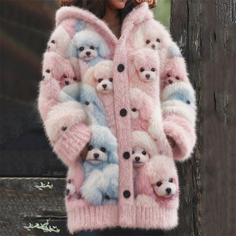 Comstylish Fluffy Colorful Dogs Cozy Knit Hooded Cardigan