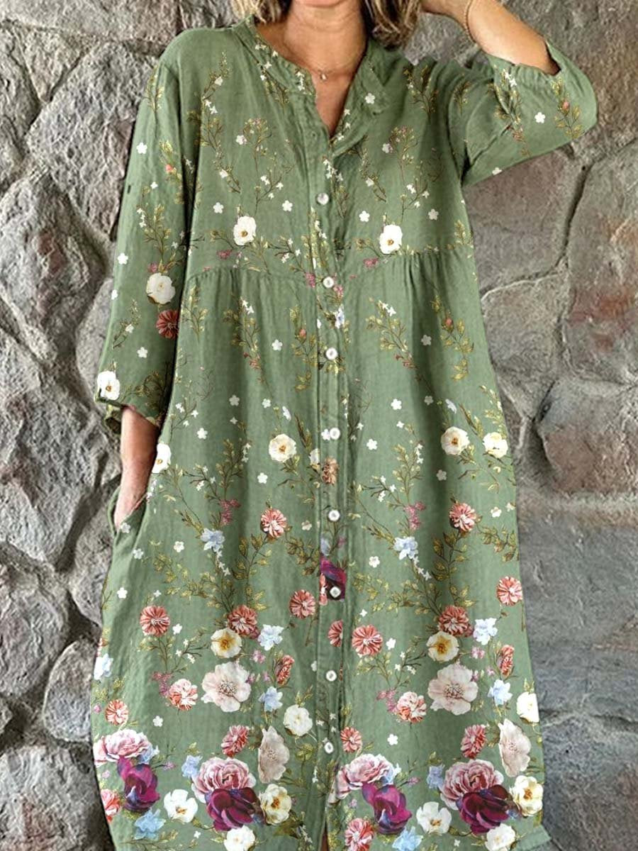 Women's Elegant  Floral Shirt Style Cotton and Linen Dress