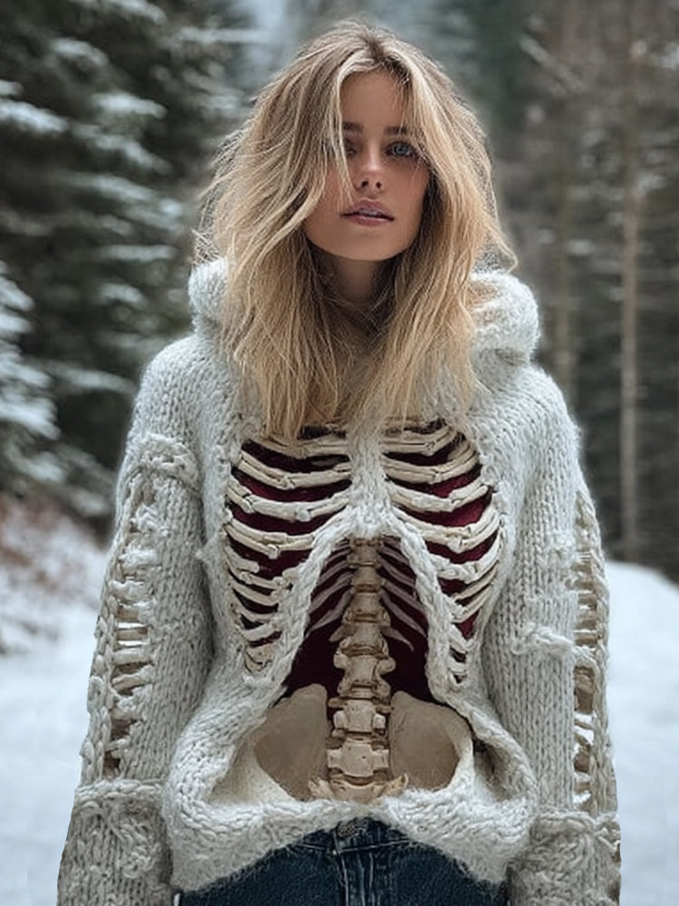 Women Halloween Realistic Human Anatomy Coarse Needle White Hooded Sweater artswardrobe