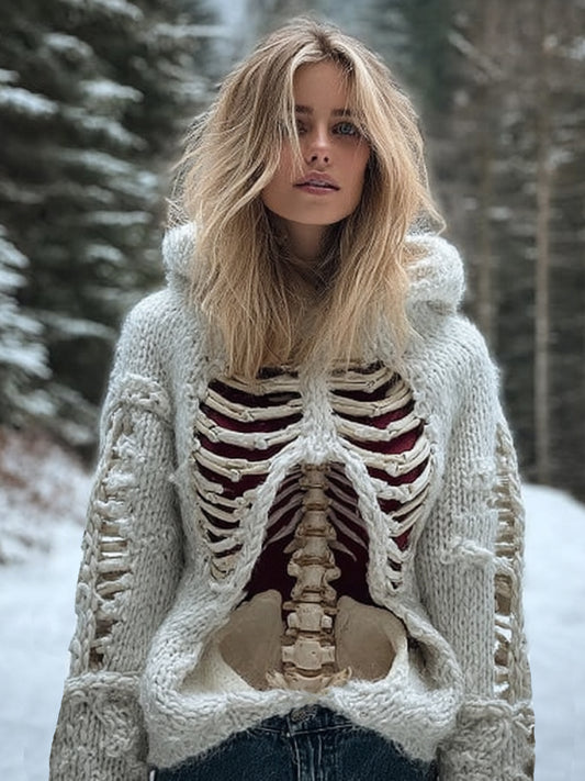 Women Halloween Realistic Human Anatomy Coarse Needle White Hooded Sweater artswardrobe