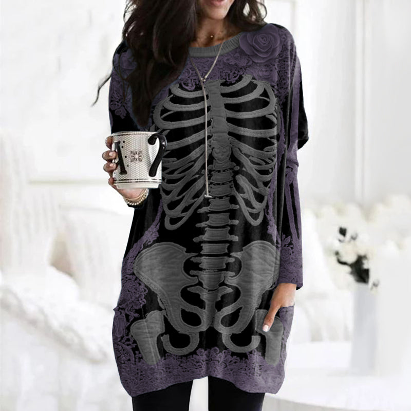 Women's Halloween Skeleton Bones With Rose Art Cozy Knit Turtleneck Mini Sweater Dress artswardrobe