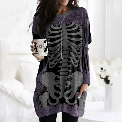 Women's Halloween Skeleton Bones With Rose Art Cozy Knit Turtleneck Mini Sweater Dress artswardrobe
