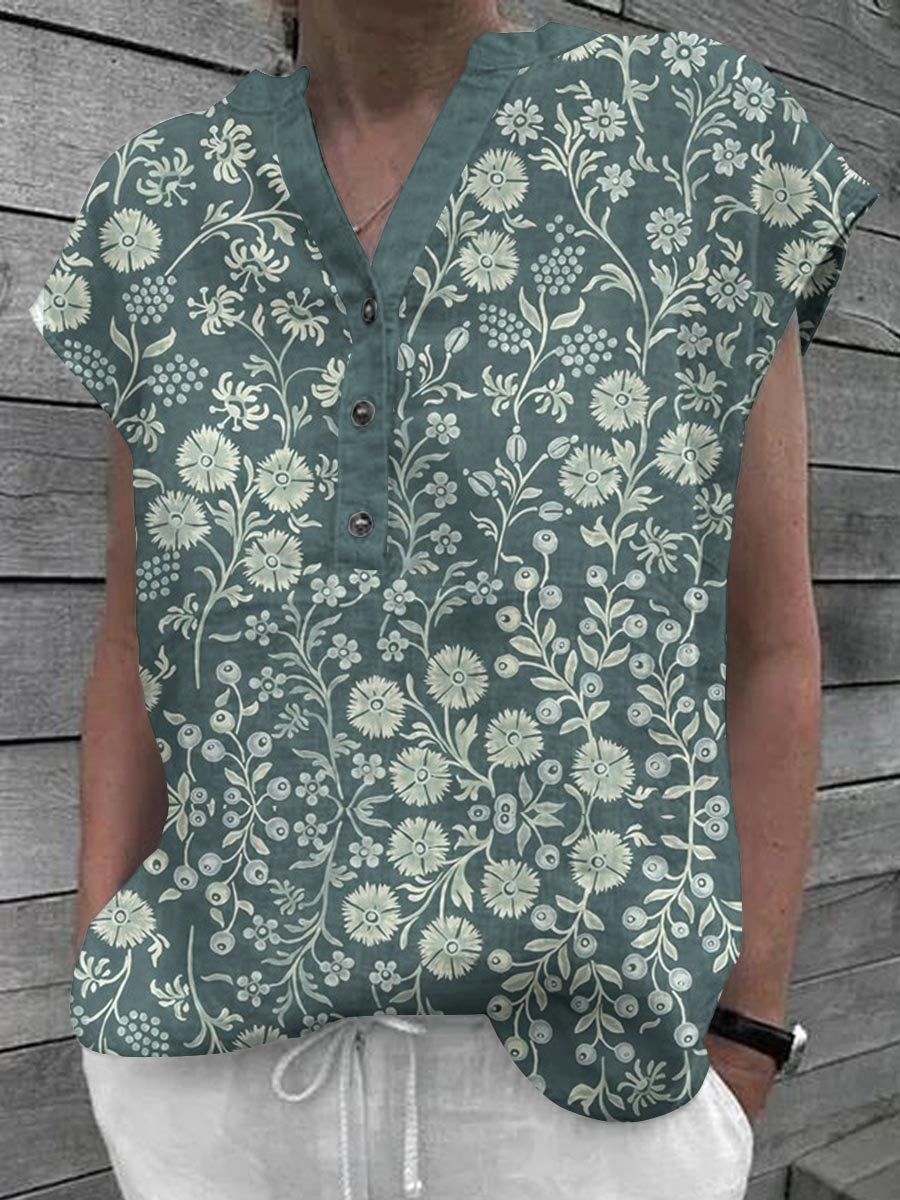 Women's Floral Art Casual Cotton Shirt Tops