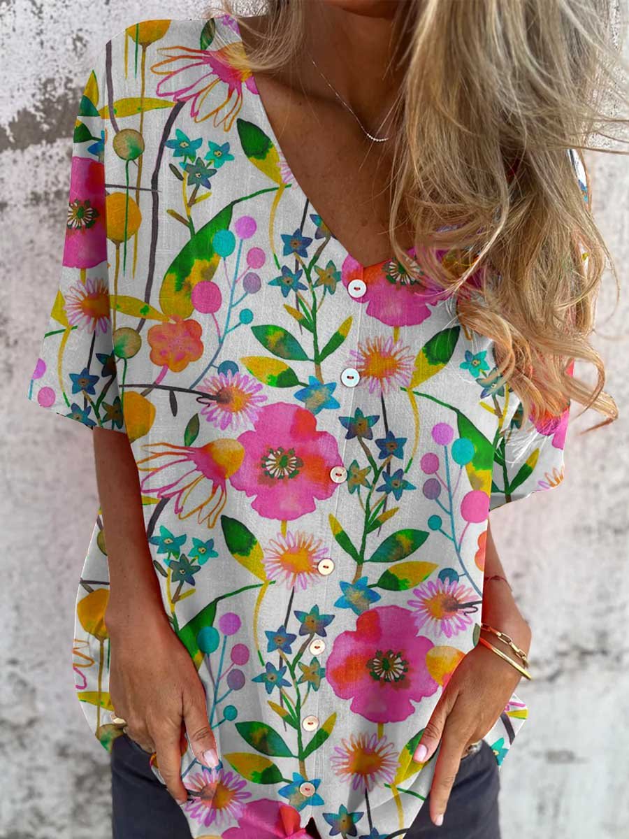 Women's Elegant Floral Shirt Style Cotton and Linen Top