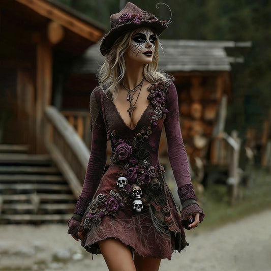Comstylish Women's Halloween Rose Skull Witch Patchwork Midi Dress