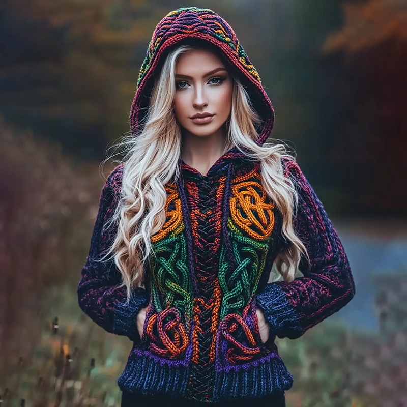 Women's Viking Celtic Knot Colorful Knit Hooded Sweater artswardrobe