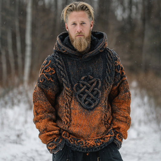 Men's Vintage Viking Celtic Knot Gradient Art Jacquard Knit Hooded Sweater artswardrobe