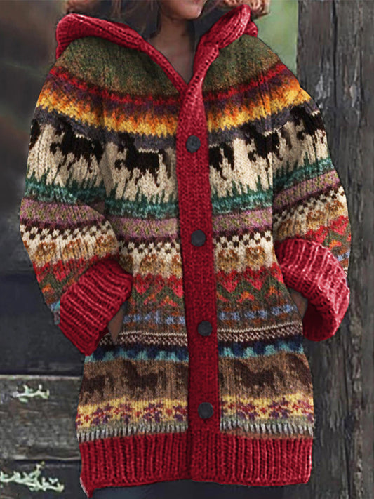 Running Horses Colorful Isle Cozy Knit Hooded Cardigan elevenforest