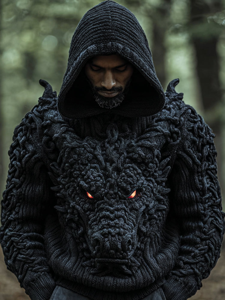 Men's Viking-style Large-dominated Dragon Head Three-dimensional Knitted Vintage Hooded Sweater artswardrobe