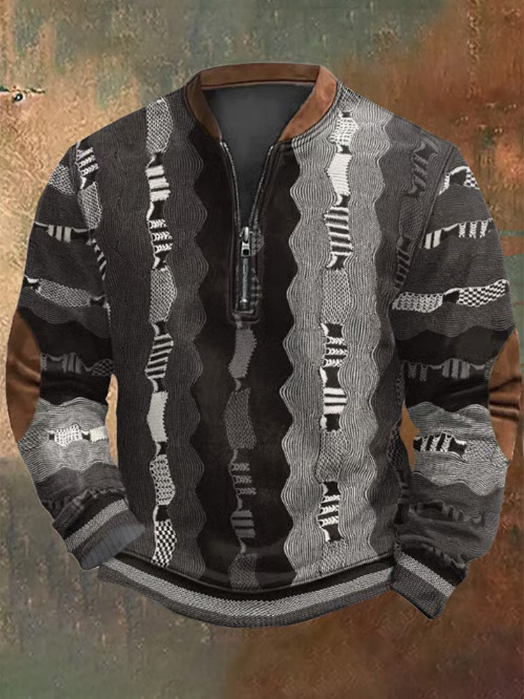 Men's Retro Western Textured Print Zip Collar Sweatshirt elevenforest