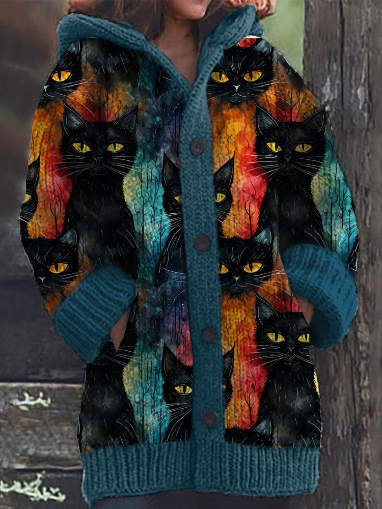 Colorful Cat Pattern Cozy Hooded Cardigan artswardrobe