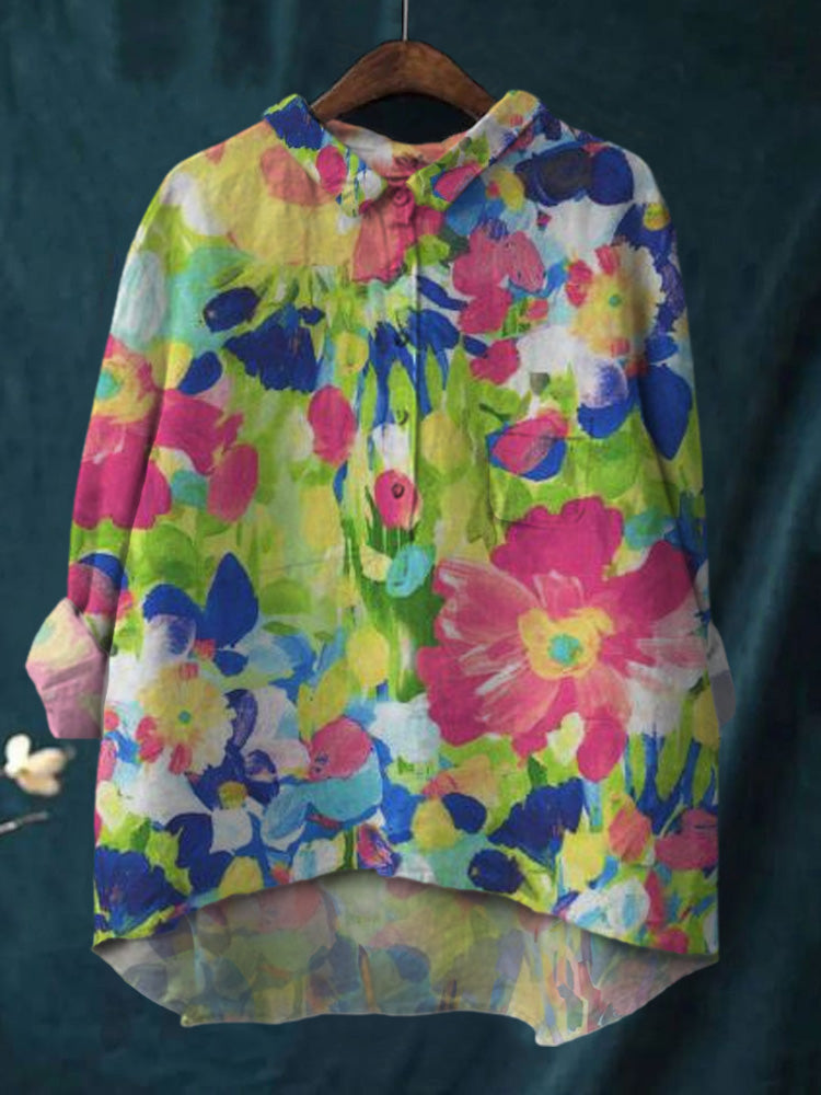 Women's Flower Print Casual Cotton And Linen Shirt