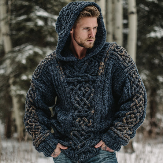 Vintage Viking Celtic Knot Art Chunky Knit Hooded Sweater artswardrobe